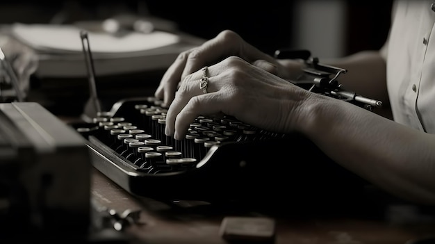 A person typing on a typewriter with a pen and a small piece of paper.