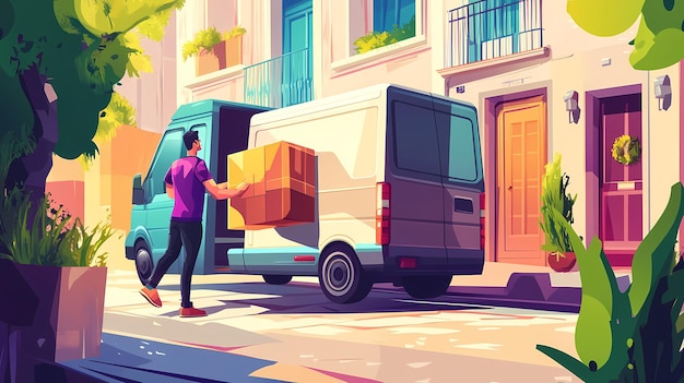 Photo a person unloading a box from a delivery van on a sunny street with buildings