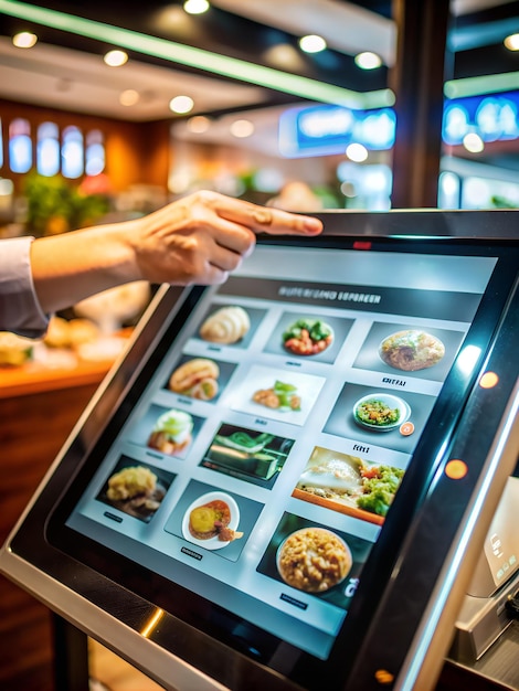 Photo a person uses a touchscreen kiosk to order food at a restaurant the screen displays a menu with images and descriptions of various dishes