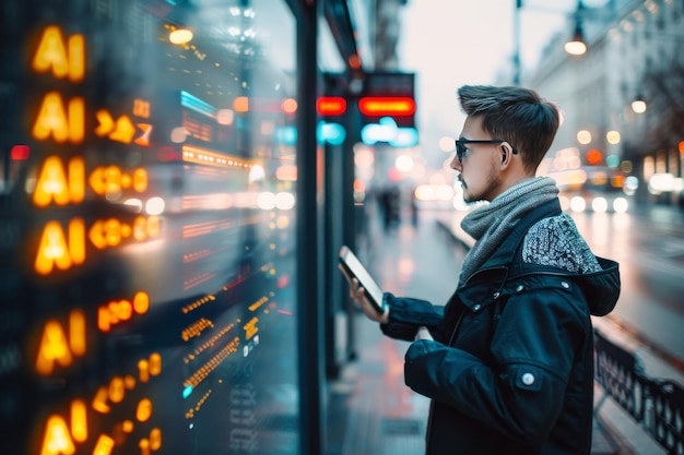 Person Using AI Digital Interface in a Modern Urban Setting at Night