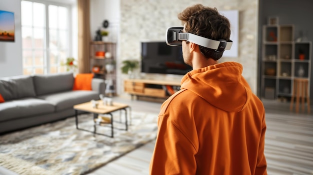 A person using ar glasses to walk through a virtual home testing out different furniture and decor