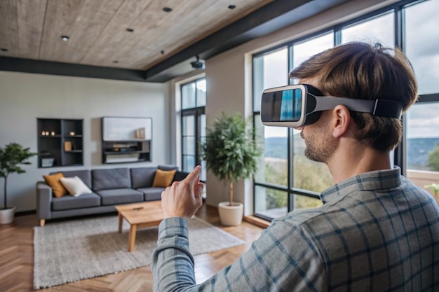 Photo person using augmented reality glasses to control a smart home