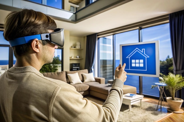 Photo person using augmented reality glasses to control a smart home