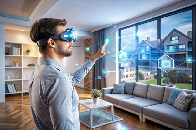 Photo person using augmented reality glasses to control a smart home