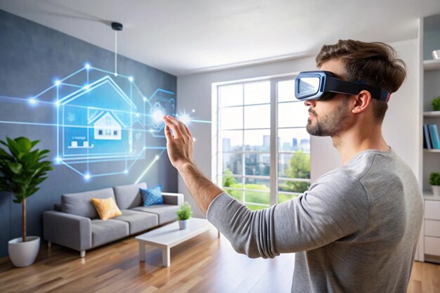 Photo person using augmented reality glasses to control a smart home