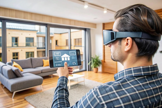 Photo person using augmented reality glasses to control a smart home