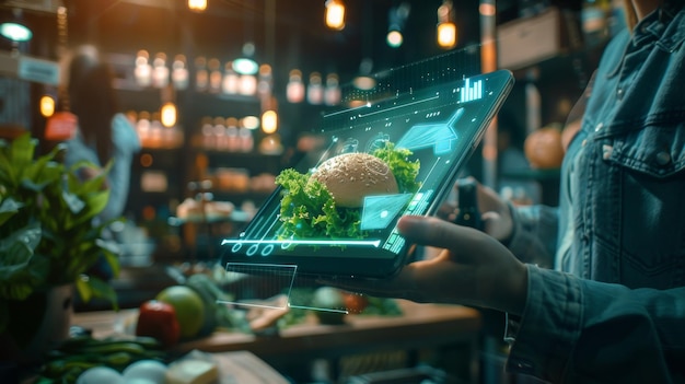 Photo person using augmented reality tablet to visualize a burger in a modern kitchen blending technology