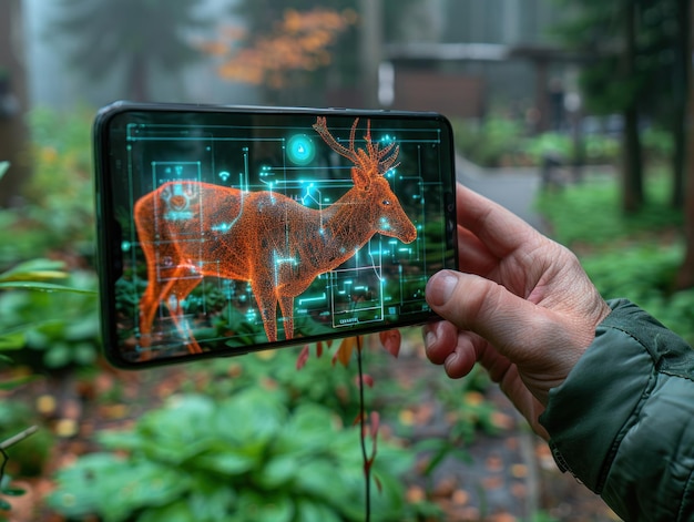 Photo a person using augmented reality to view a deer