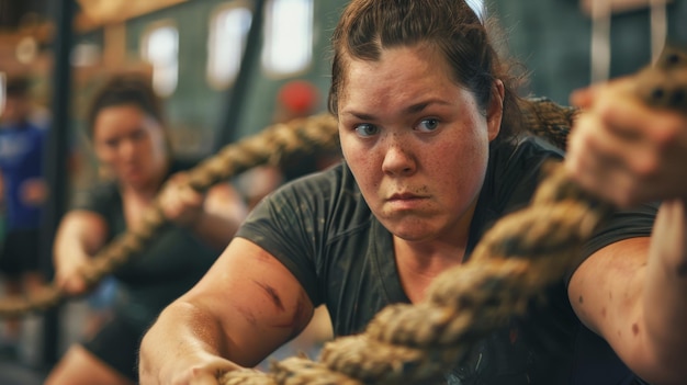 Photo a person using battle ropes during an intense crossfit workout with determination and focus