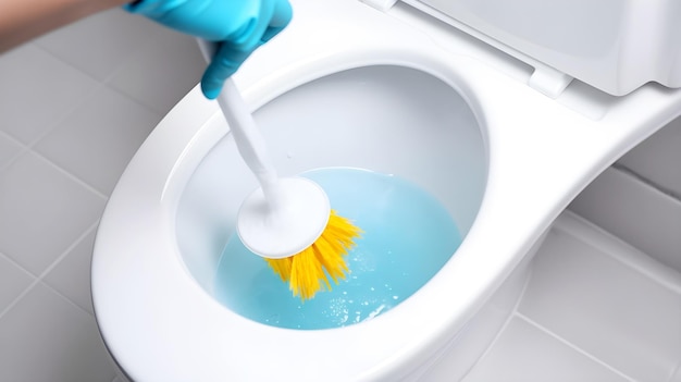 A person using a broom to clean a toilet