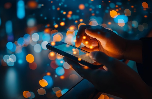 a person using a cell phone with the lights on the background