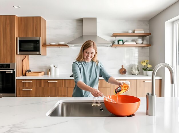 Photo person using cleanwave dish soap in sleek kitchen