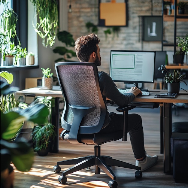 a person using a coworking spaces ergonomic chair and desk setup for productive work2