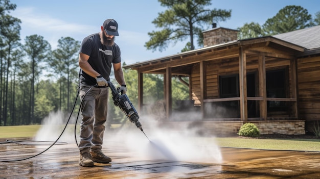 Photo person using electric pressure washer to clean concrete driveway on a sunny day with water spray