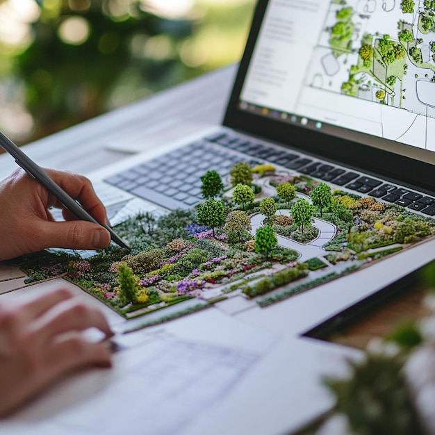 Photo a person using a garden design software to plan a landscape