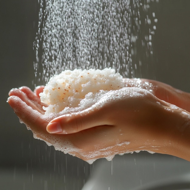 A person using a gentle exfoliating glove to remove dead skin cells in the shower