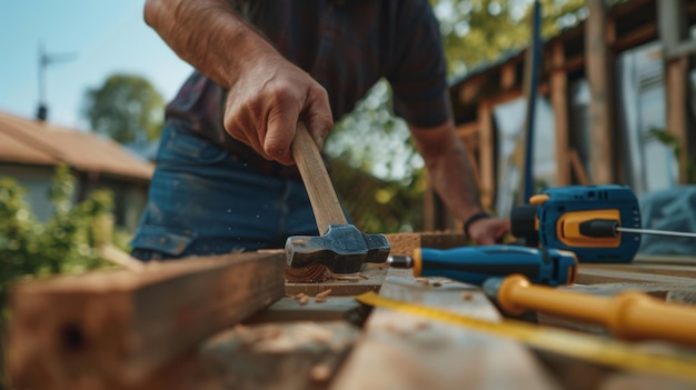 Photo a person using a hammer on a wooden plank at a workbench with various tools including a power drill and a handsaw in an outdoor setting