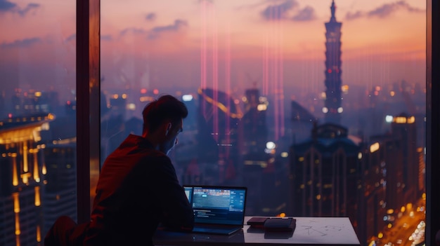 A person using laptop in green and eco office Generative AI