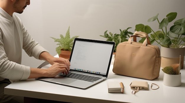 A person using a laptop or smartphone to shop online with a clean and organized workspace