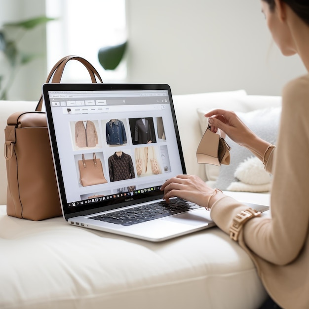 A person using a laptop or smartphone to shop online with a clean and organized workspace