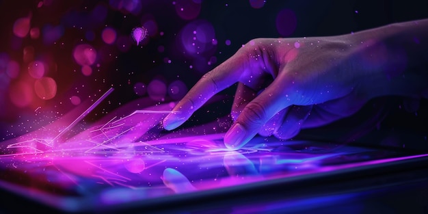 Photo a person using a laptop with a purple light on the screen