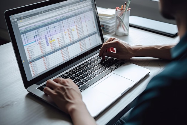 A person using a laptop with a spreadsheet on the screen.