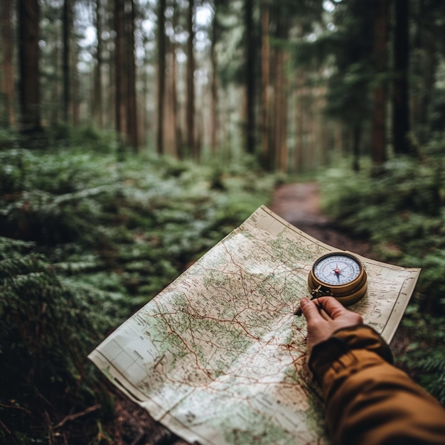 Photo a person using a map and compass to navigate through a dense forest