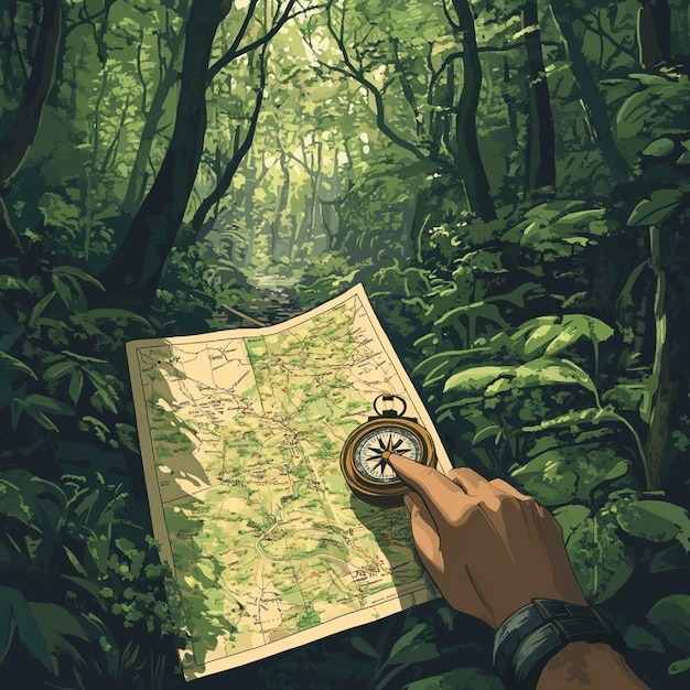 A person using a map and compass to navigate through a dense forest