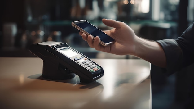 A person using a phone at a cash register.