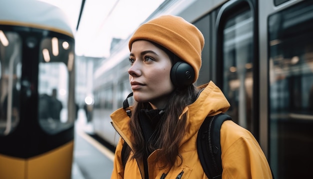 A person using public transportation to work reducing their carbon footprint