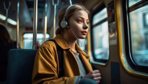 A person using public transportation to work reducing their carbon footprint