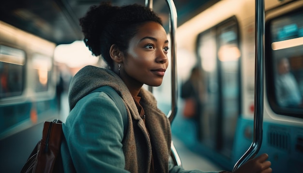 A person using public transportation to work reducing their carbon footprint