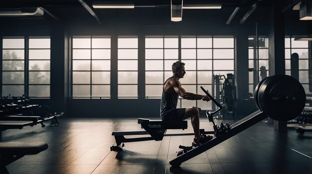 Person using a rowing machine in a modern fitness studio focused workout sleek equipment