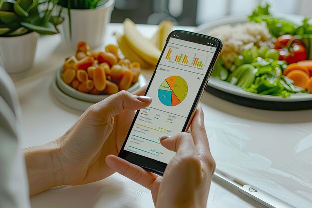 Photo person using smartphone app to track calories and macronutrients