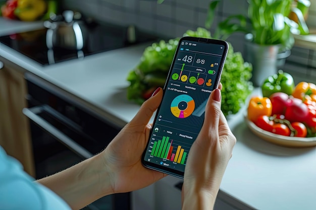 Photo person using smartphone app to track calories and macronutrients