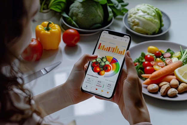 Photo person using smartphone app to track calories and macronutrients