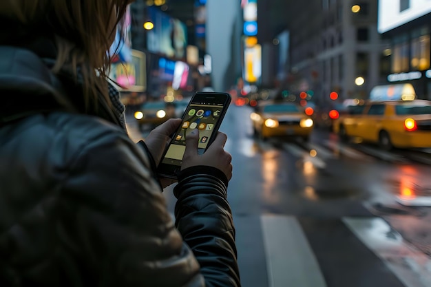 Photo a person using a smartphone in a busy urban setting with taxis and bright advertisements