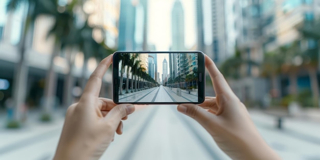 Photo person using smartphone to capture a cityscape view through a mobile phone camera capturing modern architecture and palm trees in the urban environment