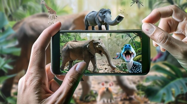 Photo person using smartphone to capture elephant and dinosaur in augmented reality app