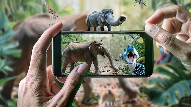 Photo person using smartphone to capture elephant and dinosaur in augmented reality app