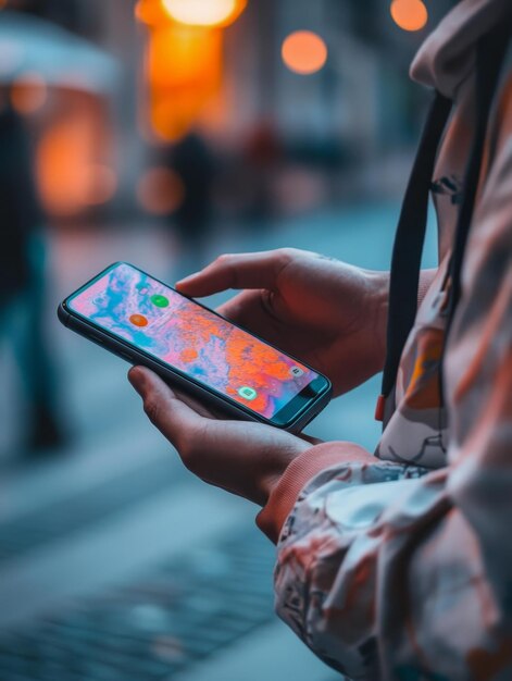 Photo person using smartphone in city setting a persons hands holding a smartphone with a colorful