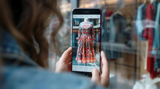 Photo a person using a smartphone to view a dress displayed in a store window