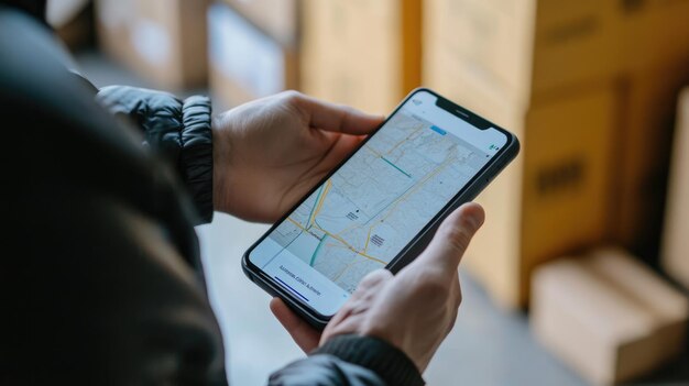 Photo person using a smartphone to view a map in a warehouse