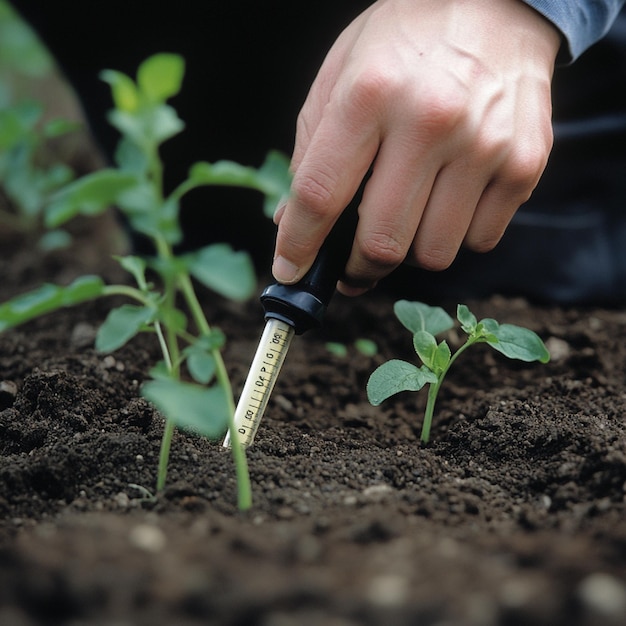 A person using a soil tester to measure nutrient levels in a garden bed