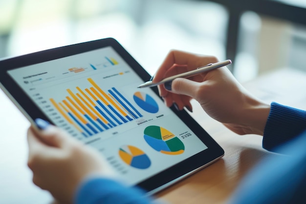 A Person Using a Stylus to Analyze Charts and Graphs on a Tablet