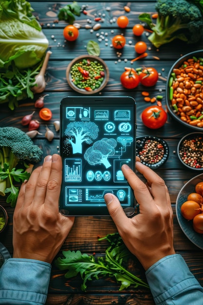 Photo person using a tablet to analyze food data