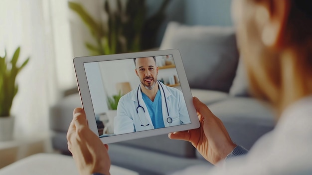 Photo a person using a tablet to consult with a doctor via a video call the doctor is smiling wearing a lab coat and stethoscope