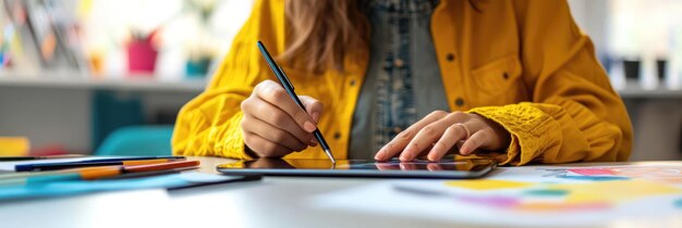 A person using a tablet to create art or design surrounded by colorful materials