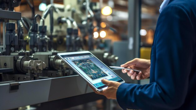 A person using a tablet to monitor machinery in an industrial setting