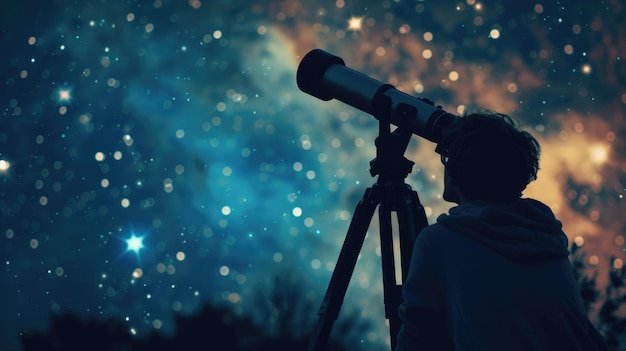 Person using telescope under a starry sky